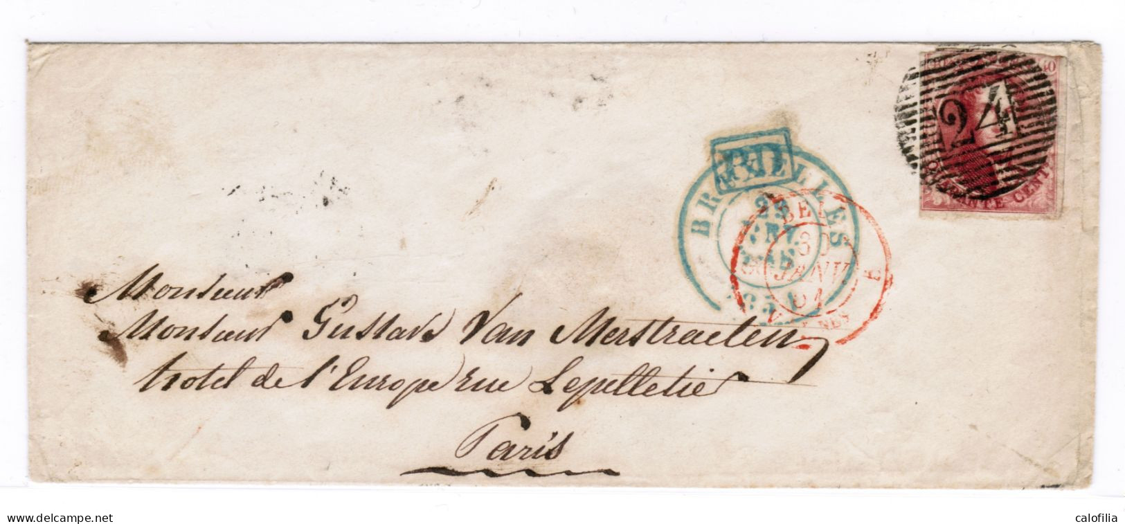 COB 5 Carmin Sur Lettre De BXL A PARIS Envoyee Deux Jours Avant Les Timbres Filigrane Sans Cadre, VAL COB 1100 EUR - 1849-1850 Medaglioni (3/5)