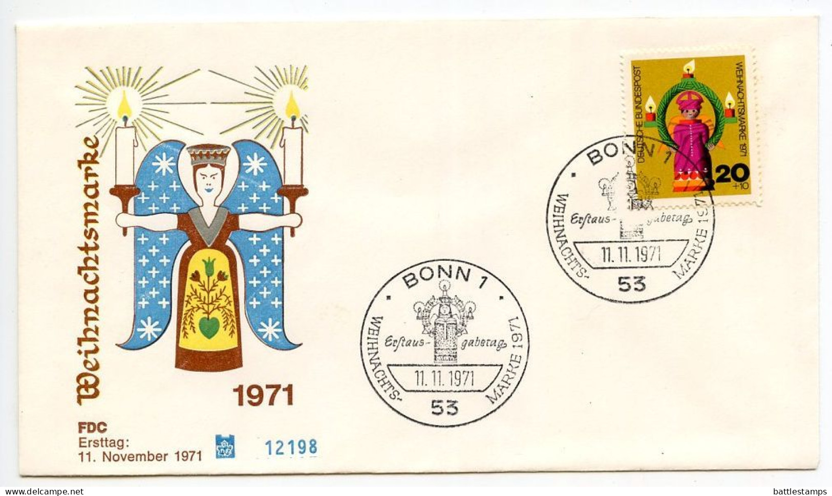 Germany, West 1971 FDC Scott B480 Christmas - Angel With Lights - 1971-1980