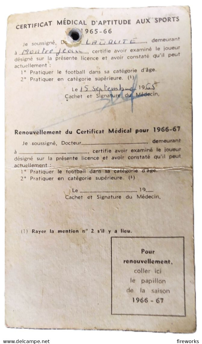 1965/1966 - Fédération Française De Football - Licence Cadet - Gourdan-Polignan (Haute-Garonne) - FRANCE - Zonder Classificatie