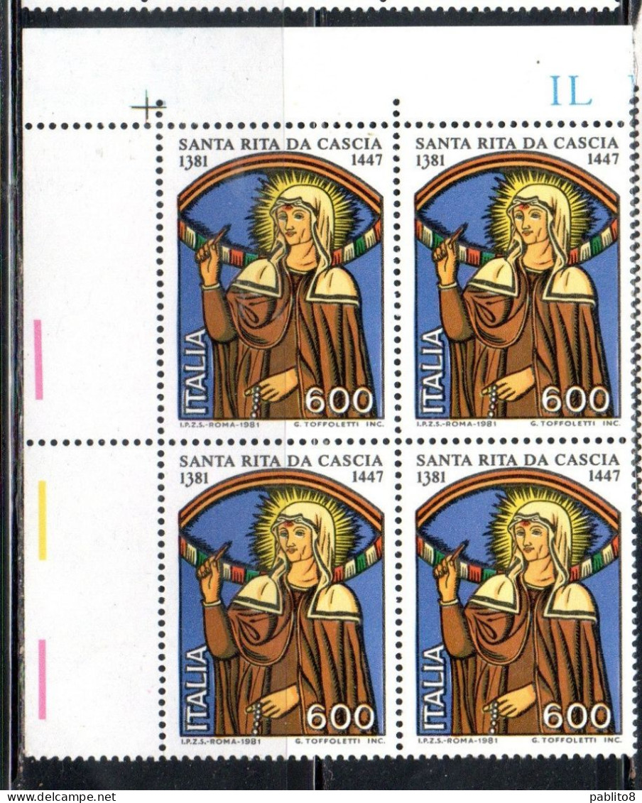 ITALIA REPUBBLICA ITALY REPUBLIC 1981 SANTA S. RITA DA CASCIA QUARTINA ANGOLO DI FOGLIO BLOCK MNH - 1981-90: Nieuw/plakker