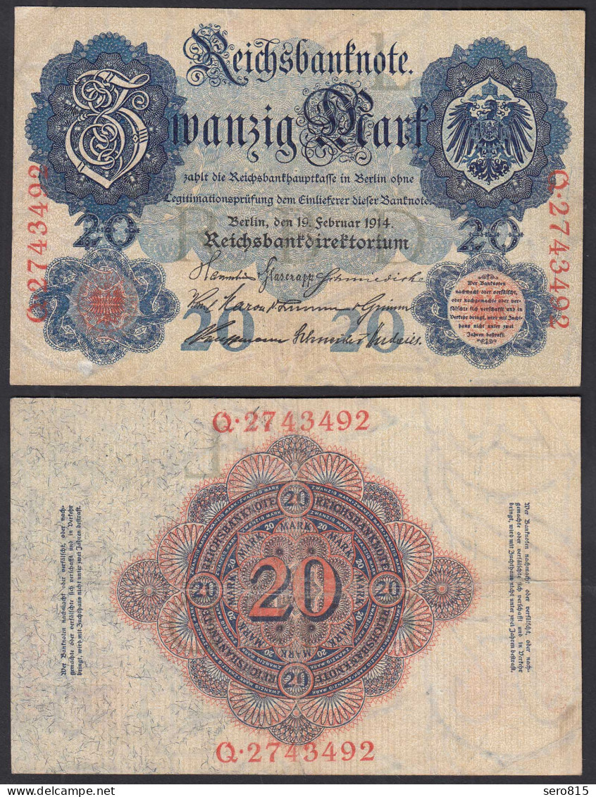 Ro.47b 20 Mark 1914 Pick 46b VF (3) Serie Q UDR L 7-stellig      (31663 - Sonstige & Ohne Zuordnung