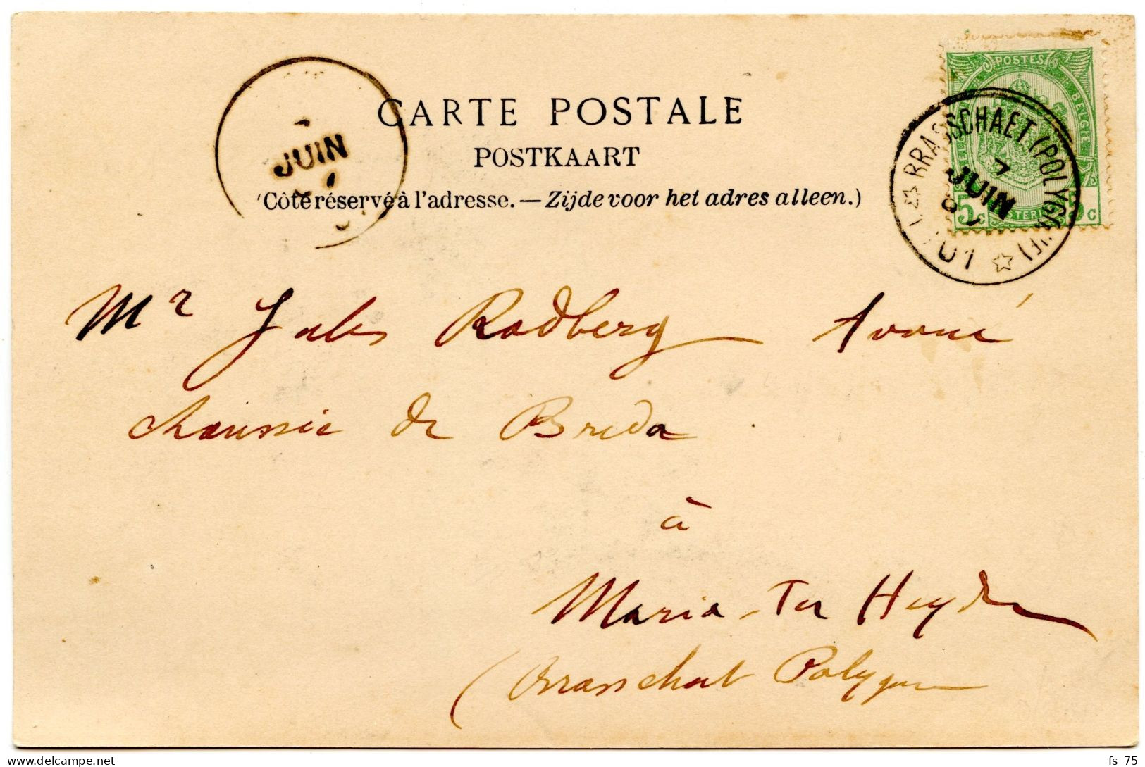 BELGIQUE - COB 56 SIMPLE CERCLE RELAIS A ETOILES BRASSCHAET SUR CARTE POSTALE, 1901 - Postmarks With Stars