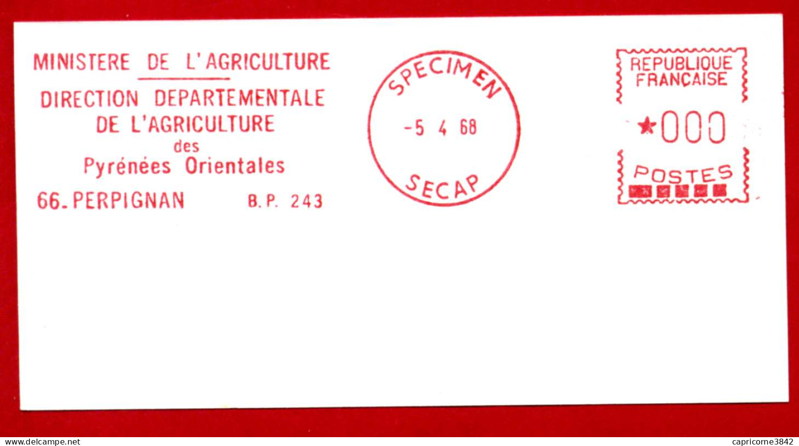 Epreuve D'essai -EMA "SPECIMEN" Machine SECAP -Ministère De L'Agriculture -Direction Départ. Des Pyrénées Orientales - Landbouw