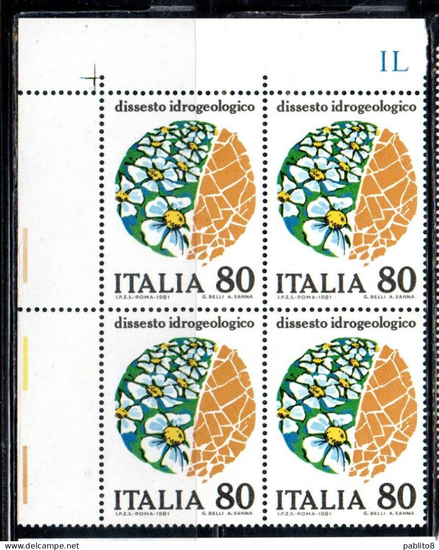 ITALIA REPUBBLIC ITALY REPUBLIC 1981 DISSESTO IDROGEOLOGICO QUARTINA ANGOLO DI FOGLIO BLOCK MNH - 1981-90: Mint/hinged