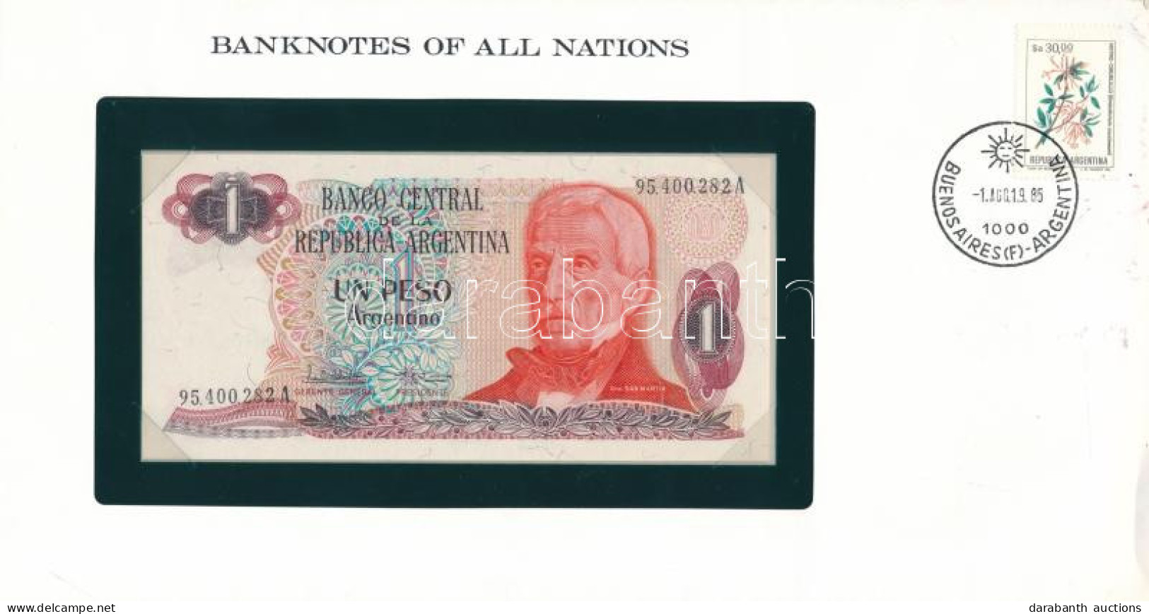 Argentína DN (1983-1984) 1P Felbélyegzett "Banknotes Of All Nations" Bankjegyes Borítékban, Bélyegzéssel T:UNC Argentina - Ohne Zuordnung