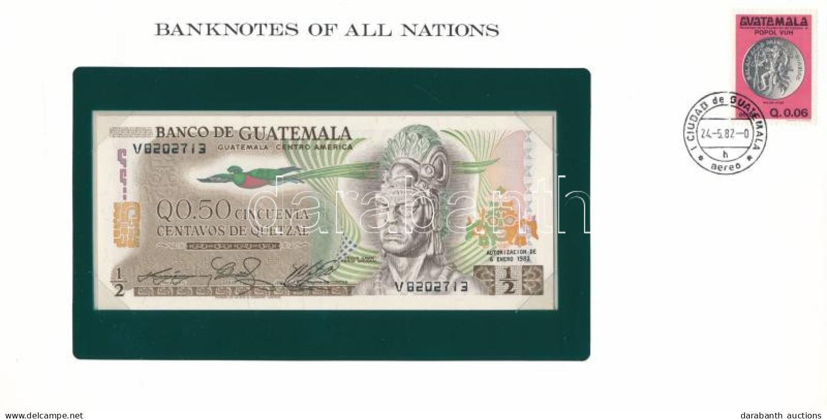 Guatemala 1982. 50c Felbélyegzett "Banknotes Of All Nations" Bankjegyes Borítékban, Bélyegzéssel T:UNC Guatemala 1982. 5 - Non Classés