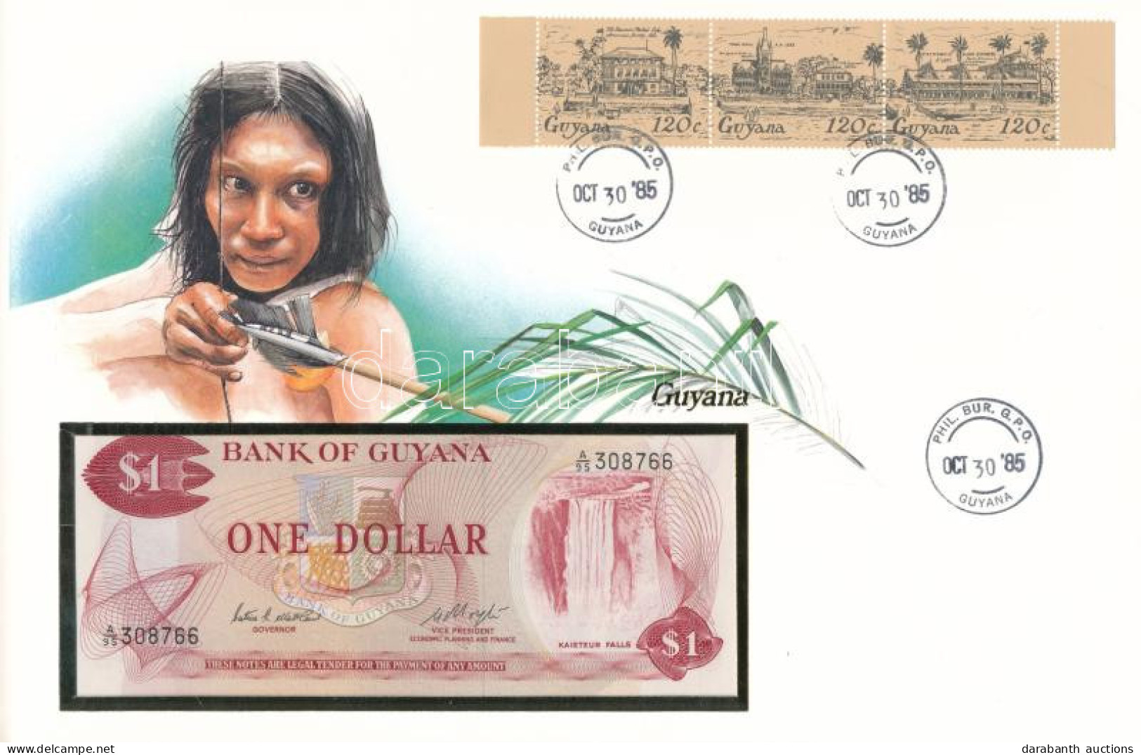 Guyana 1983. 1$ Felbélyegzett Bankjegyes Borítékban, Bélyegzéssel T:UNC Guyana 1983. 1 Dollar In Banknote Envelope With  - Sin Clasificación