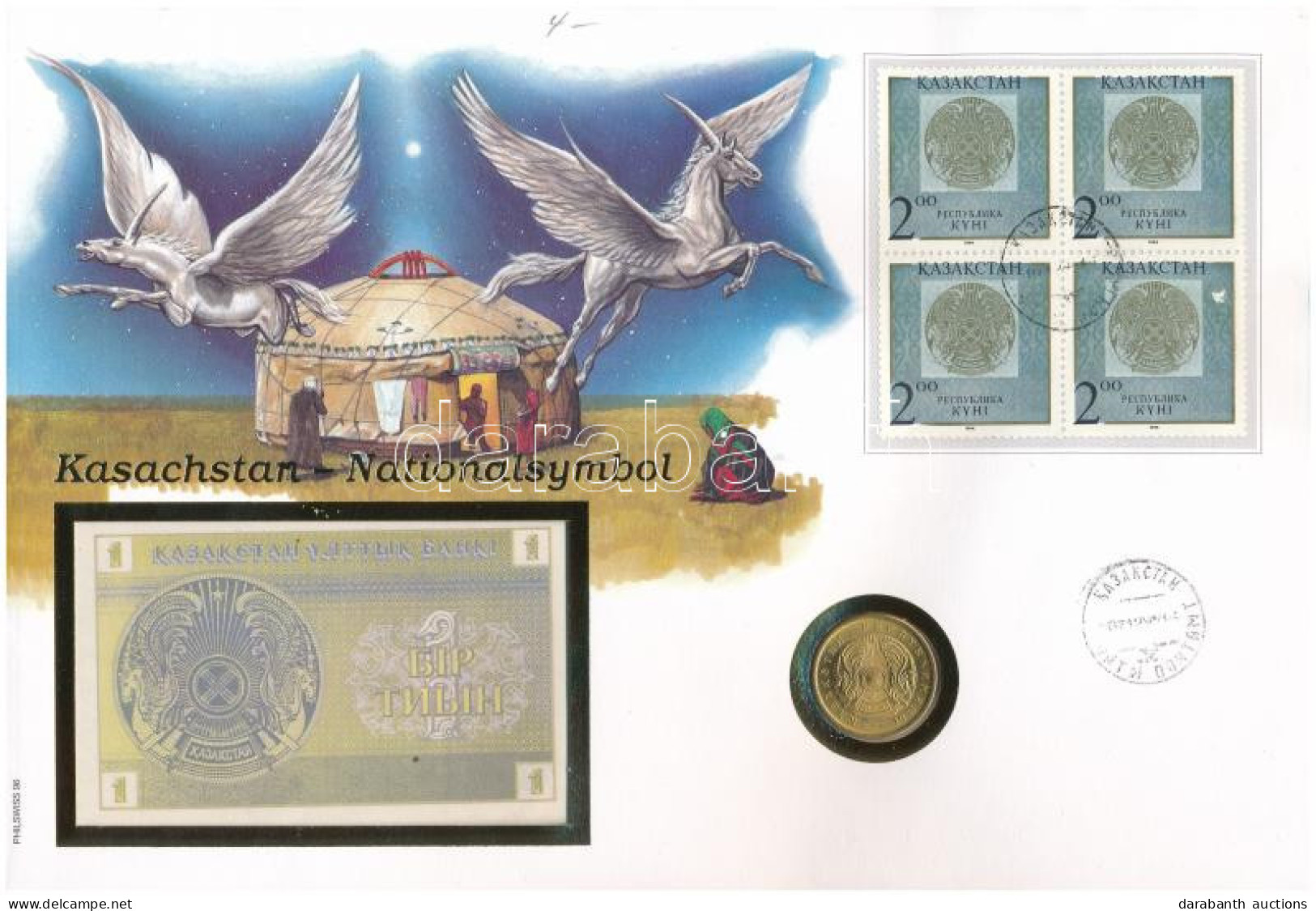 Kazahsztán "Nemzeti Szimbólum" Felbélyegzett Borítékban, Bélyegzéssel, Benne Kazahsztán 1993. 1T Bankjegy és 1993. 10T T - Non Classificati