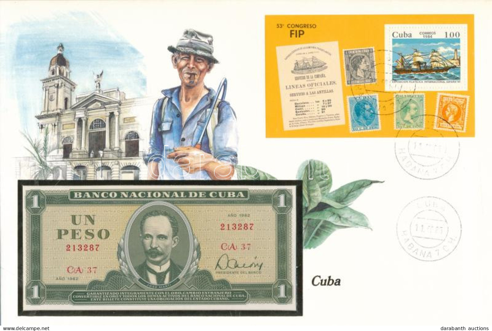 Kuba 1982. 1P Felbélyegzett Bankjegyes Boríték Bélyegzéssel T:UNC Cuba 1982. 1 Peso In Banknote Envelope With Stamp And  - Non Classés