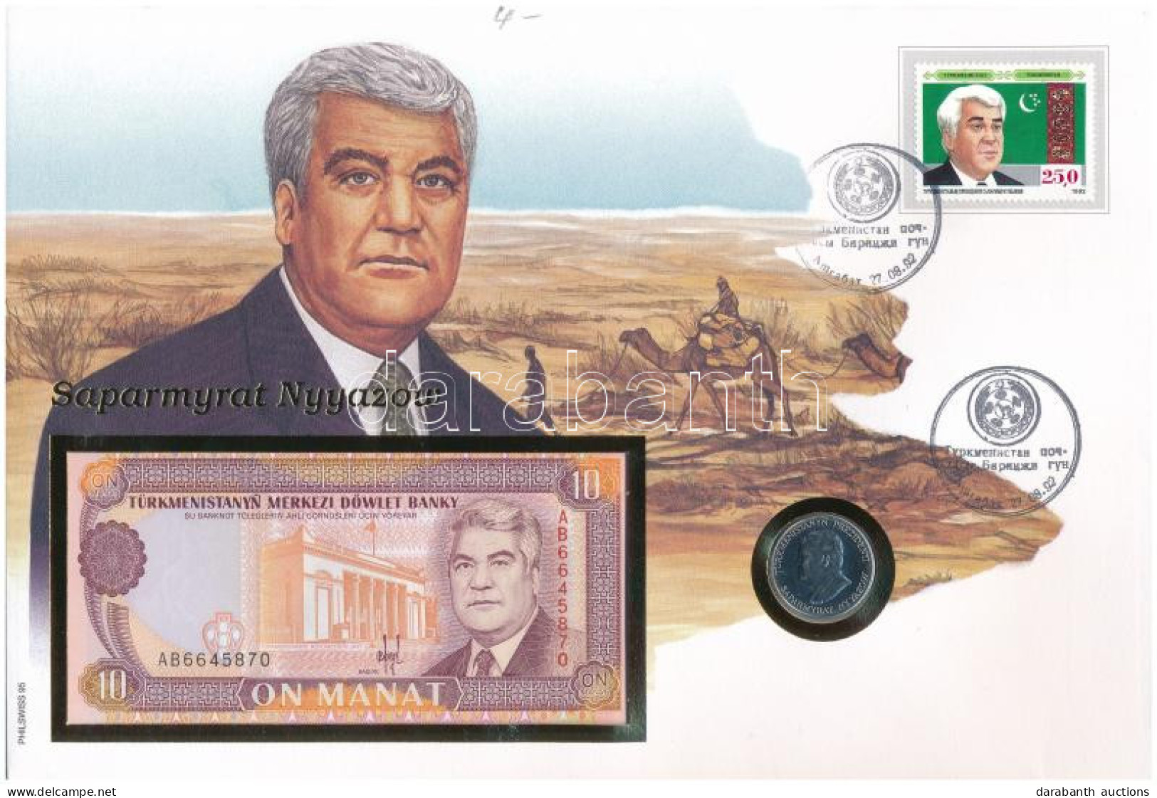 Türkmenisztán "Szaparmurat Nijazov" Felbélyegzett Borítékban, Bélyegzéssel, Benne Türkmenisztán 1993. 10M Bankjegy és 19 - Unclassified