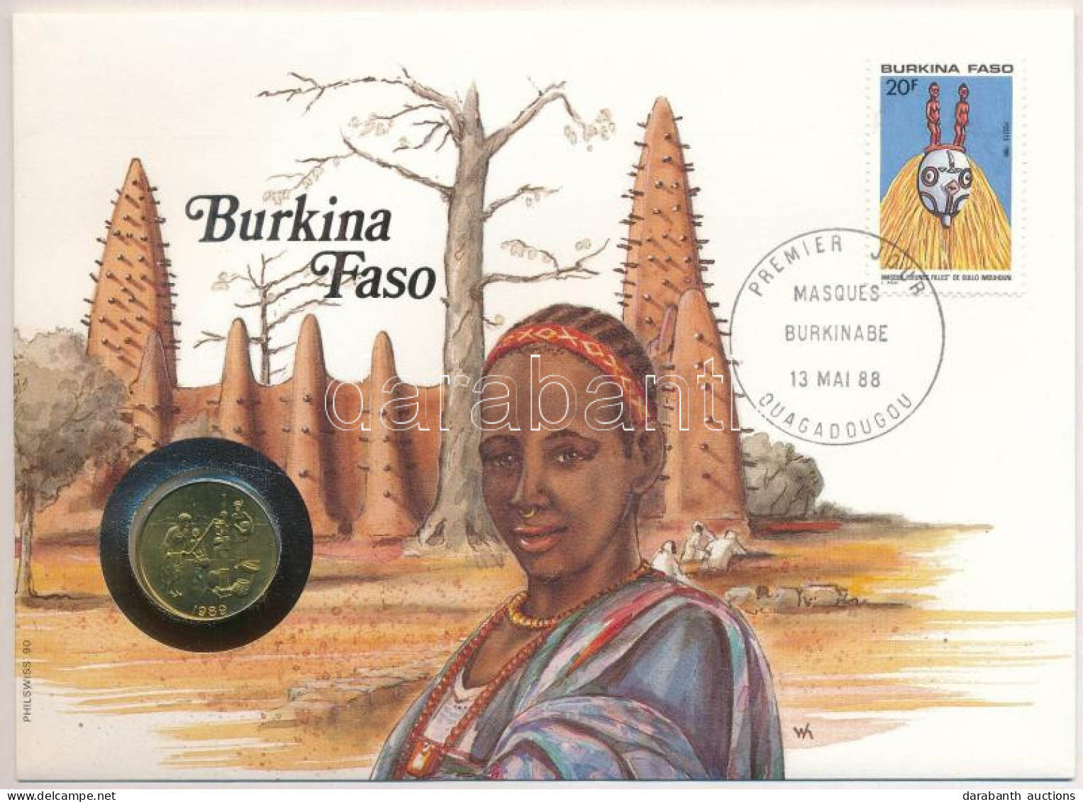 Közép-afrikai Államok 1989. 10Fr Al-bronz "Burkina Faso" Felbélyegzett Borítékban, Bélyegzéssel, Német Nyelvű Leírással  - Ohne Zuordnung