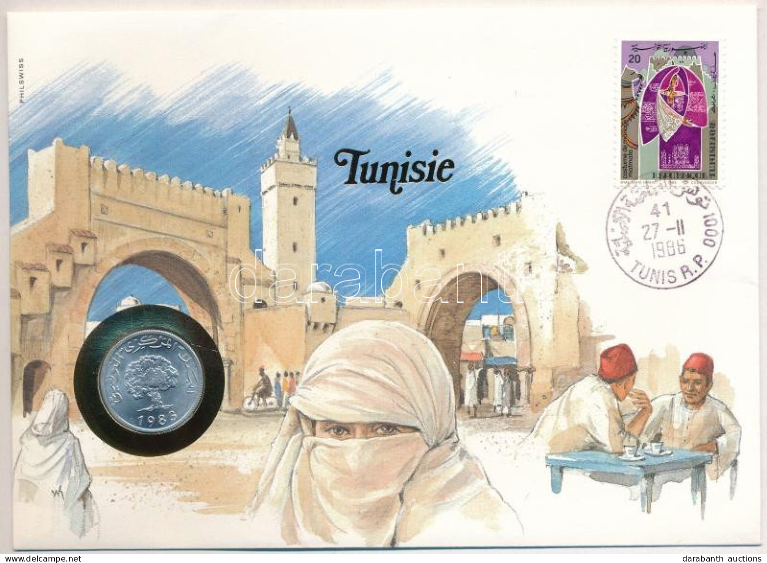 Tunézia 1983. 5M, Felbélyegzett Borítékban, Bélyegzéssel, Német Nyelvű Leírással T:UNC Tunisia 1983. 5 Millim In Envelop - Ohne Zuordnung