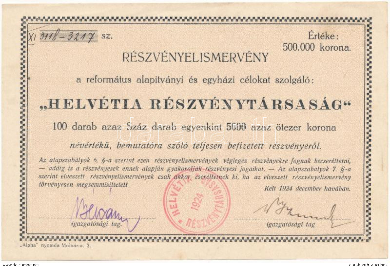Budapest 1924. "Helvétia Részvénytársaság" Részvényelismervénye 100db, Egyenként 5000K értékű Részvényről T:AU - Non Classés
