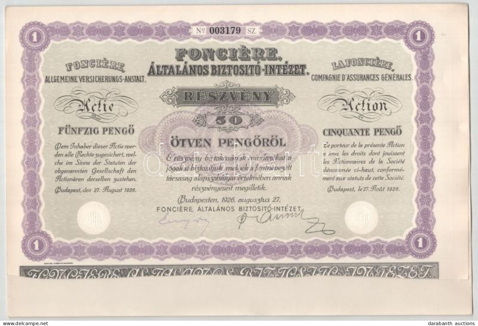 Budapest 1926. "Fonciére Általános Biztosító-Intézet" Részvénye 50P-ről, Szárazpecséttel, Vízjeles Papíron, "003179" Sor - Unclassified