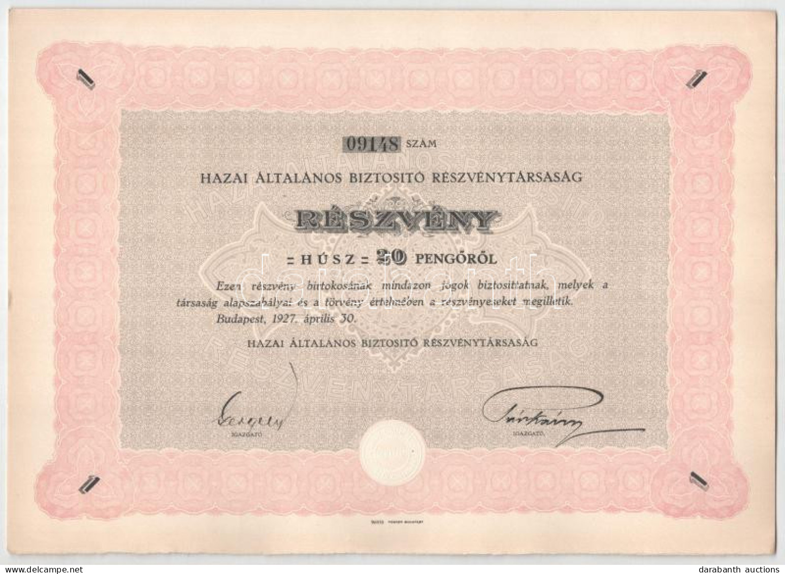 Budapest 1927. "Hazai Általános Biztosító Részvénytársaság" 20P-ről, Szárazpecséttel, "09148" Sorszámmal T:AU /  Hungary - Unclassified