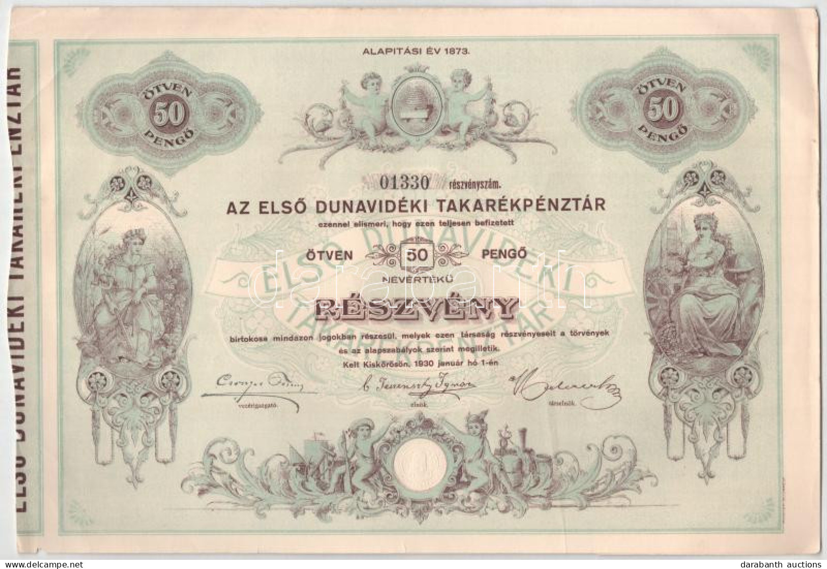 Kiskőrös 1930. "Az Első Dunavidéki Takarékpénztár" Részvénye 50P-ről Szelvényekkel, Szárazpecséttel T:XF - Zonder Classificatie