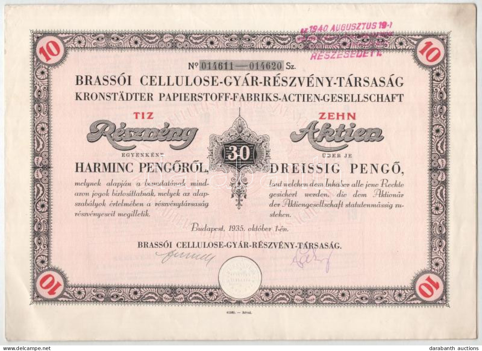 Budapest 1935. "Brassói Cellulose-Gyár-Részvény-Társaság" 10 Részvénye Egyenként 30P-ről, Német és Magyar Nyelven Bélyeg - Non Classificati