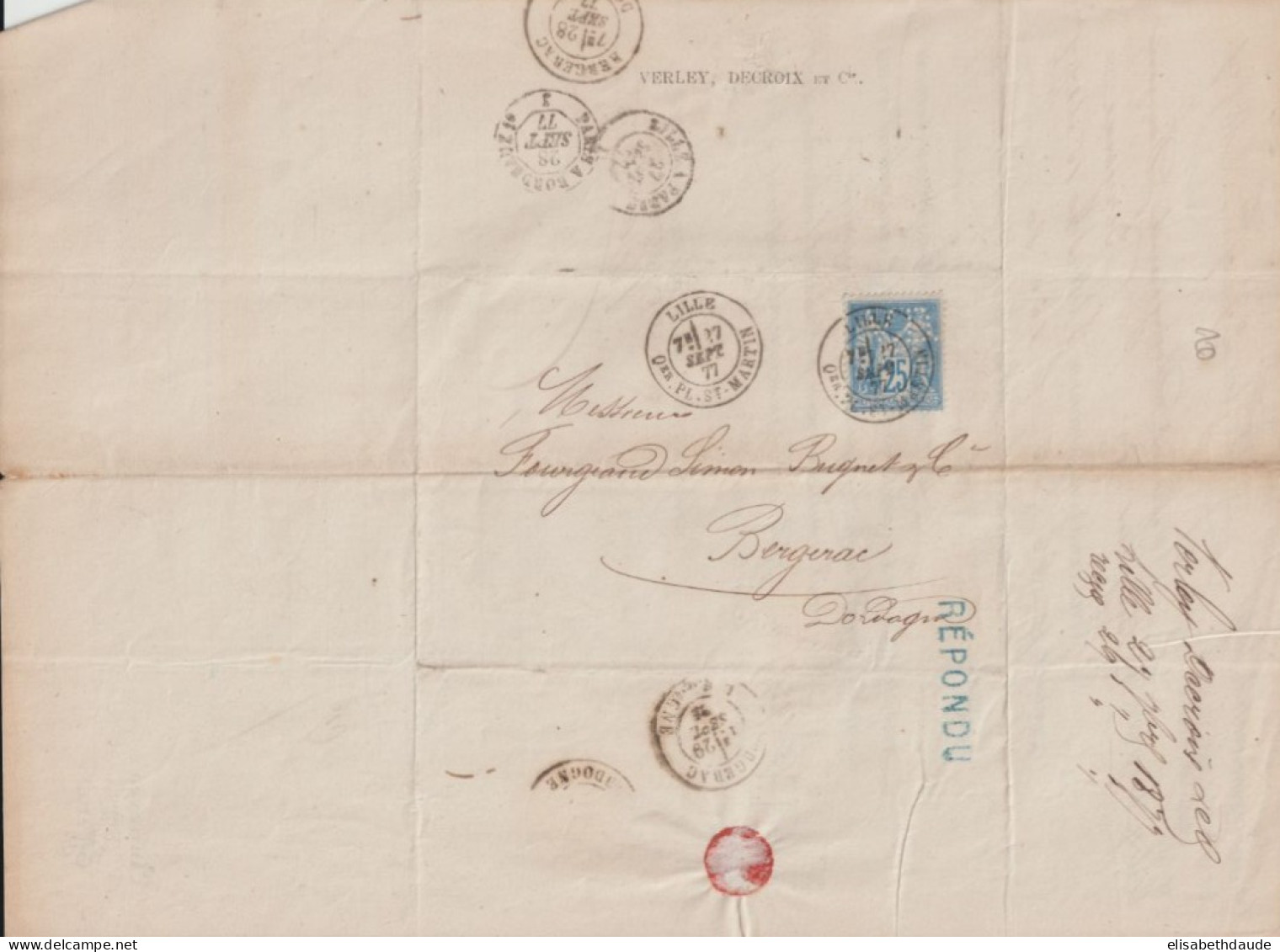 1877 - SAGE PERFORE / PERFIN "V.D" VERLEY DECROIX - LETTRE De LILLE => BERGERAC - Storia Postale