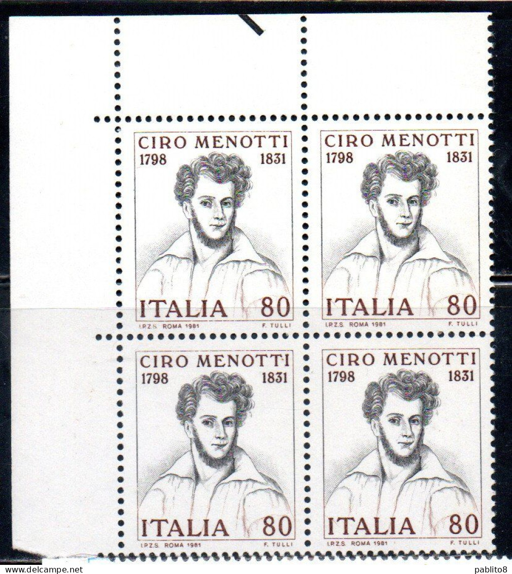 ITALIA REPUBBLICA ITALY REPUBLIC 1981 CIRO MENOTTI QUARTINA ANGOLO DI FOGLIO BLOCK MNH - 1981-90:  Nuovi