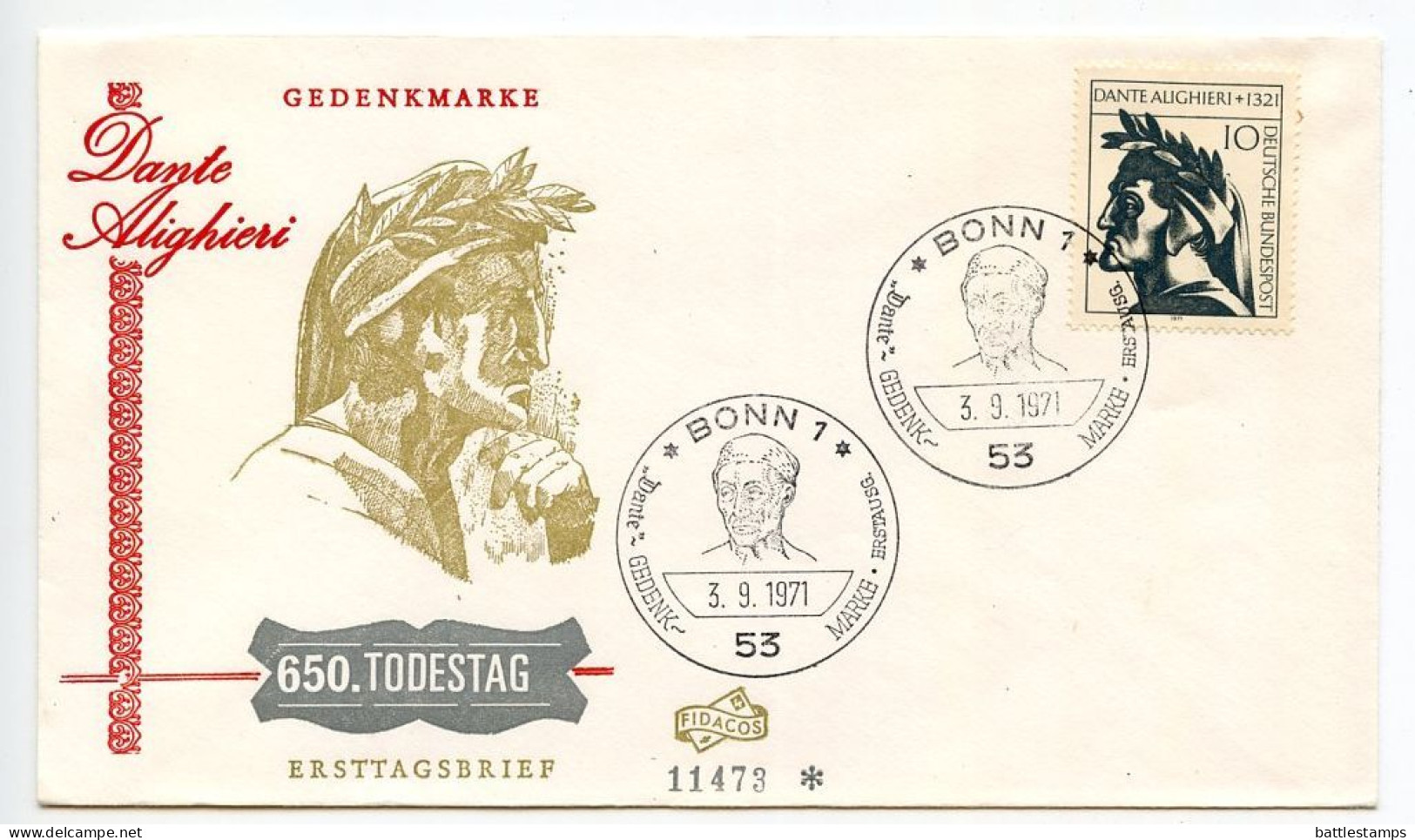 Germany, West 1971 FDC Scott 1073 Poet Dante Alighieri, 650th Anniversary Of Death - 1971-1980