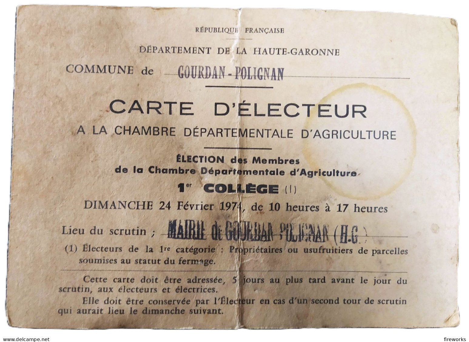 1974 - Carte D'Electeur à La Chambre Départementale D'Agriculture - Gourdan-Polignan (Haute Garonne) - FRANCE - Unclassified