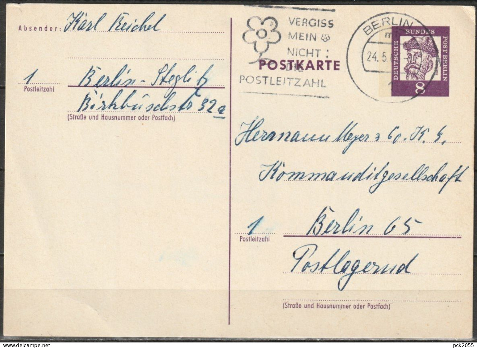 Berlin Ganzsache 1962 Mi.-Nr. P56 Tagesstempel Berlin 24.5.63  ( PK 298 ) - Cartoline - Usati