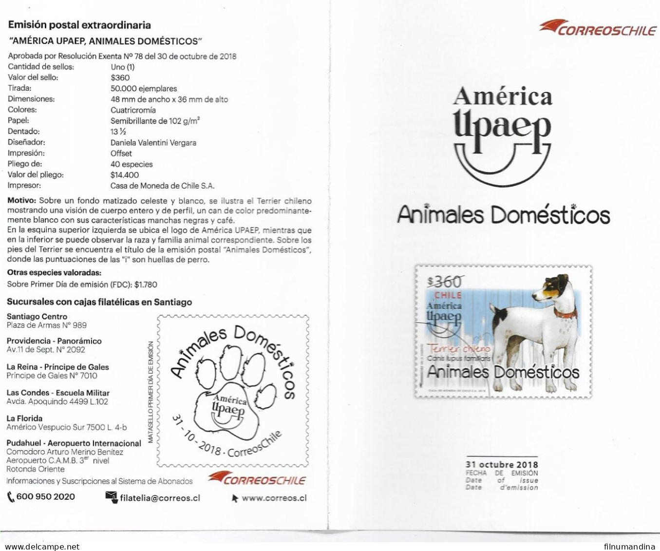 #2616A CHILE 2018 UPAEP AMERICA FAUNA DOG PET  POST OFFICIAL BROCHURE YV 2139 - Cile