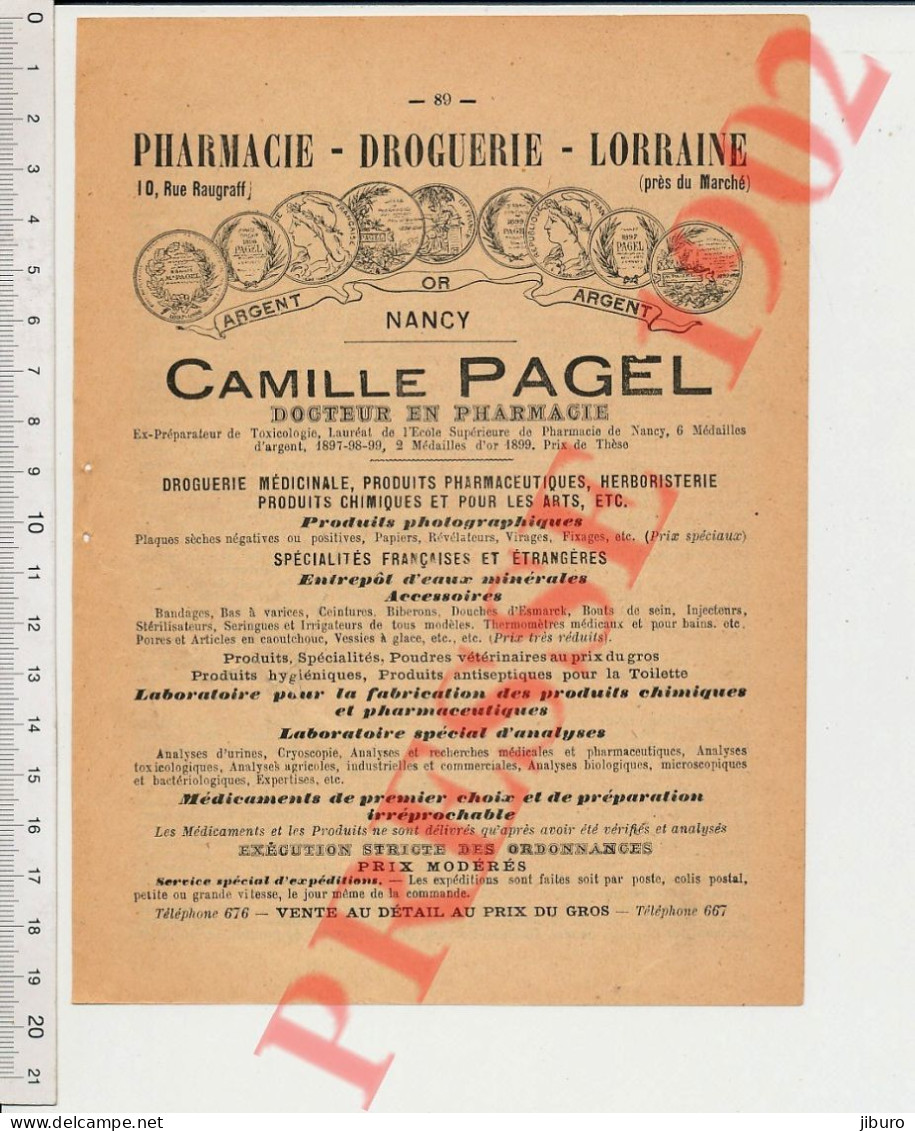 (en Mauvais état) Publicité 1902 Camille Pagel Docteur En Pharmacie Nancy 10 Rue Raugraff 249/36 - Unclassified