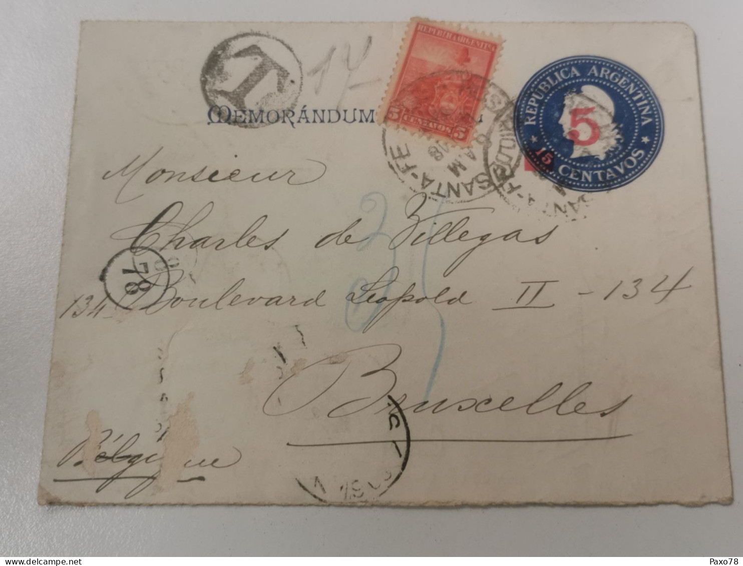 Enveloppe, Oblitéré Rosario Envoyé à Bruxelles - Cartas & Documentos