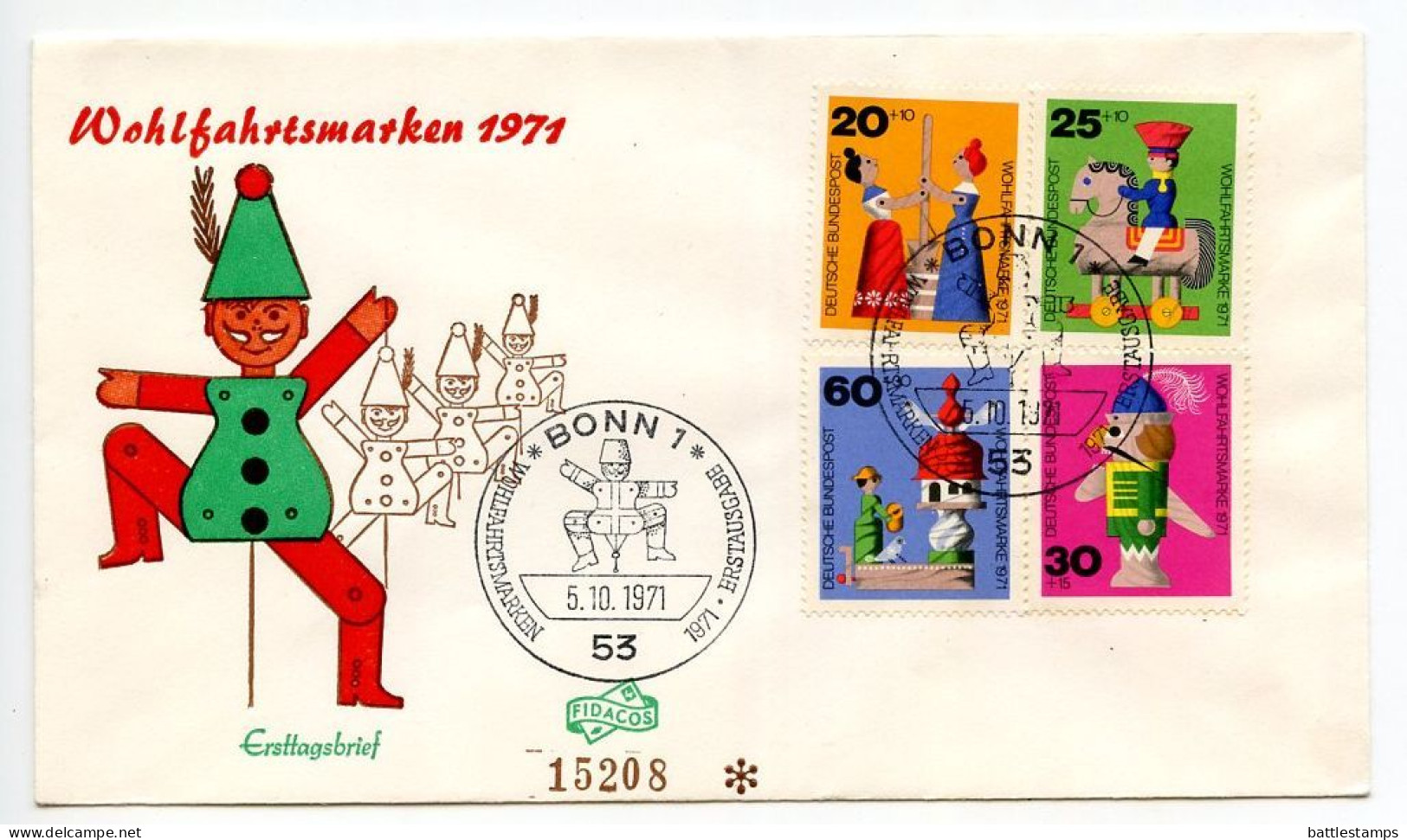 Germany, West 1971 FDC Scott B476-B479 Wooden Toys - Butter Churn, Horseback Rider, Nutcracker, Dovecot - 1971-1980