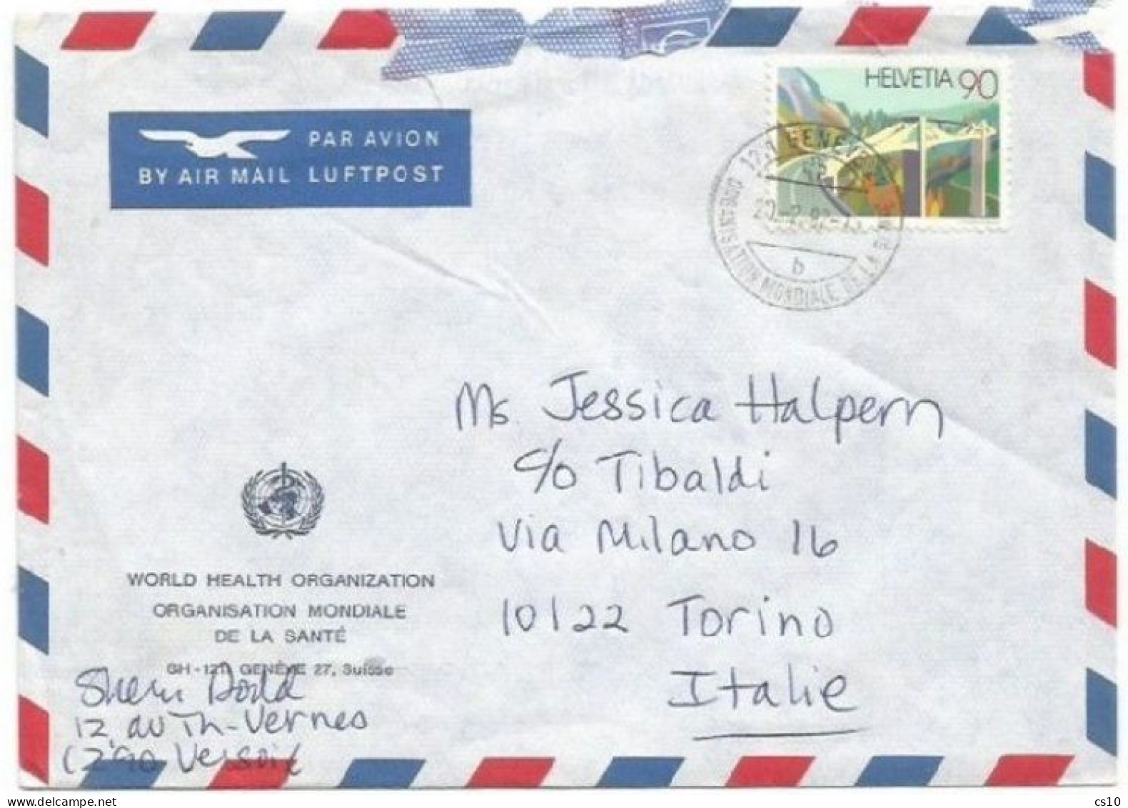 United Nations WHO-OMS Official AirmailCV Geneve 20feb 1992 To Italy With Suisse Ganter Valley Bridge C90 Solo Franking - OMS