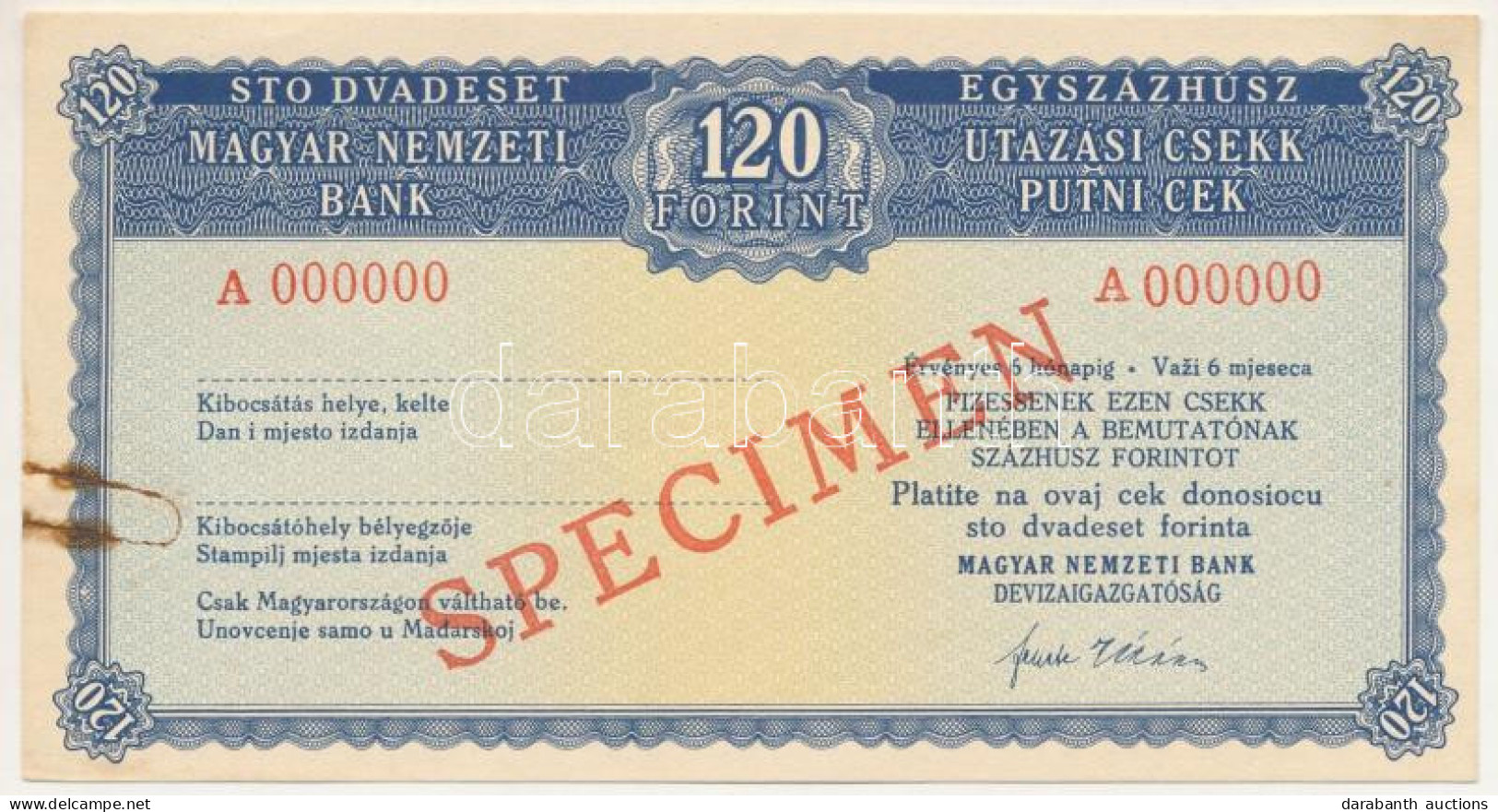 ~1960-1970. A Magyar Nemzeti Bank Utazási Csekkje 120Ft értékben, Kitöltetlen, "SPECIMEN (MINTA)" Felülbélyegzéssel, "A  - Non Classés