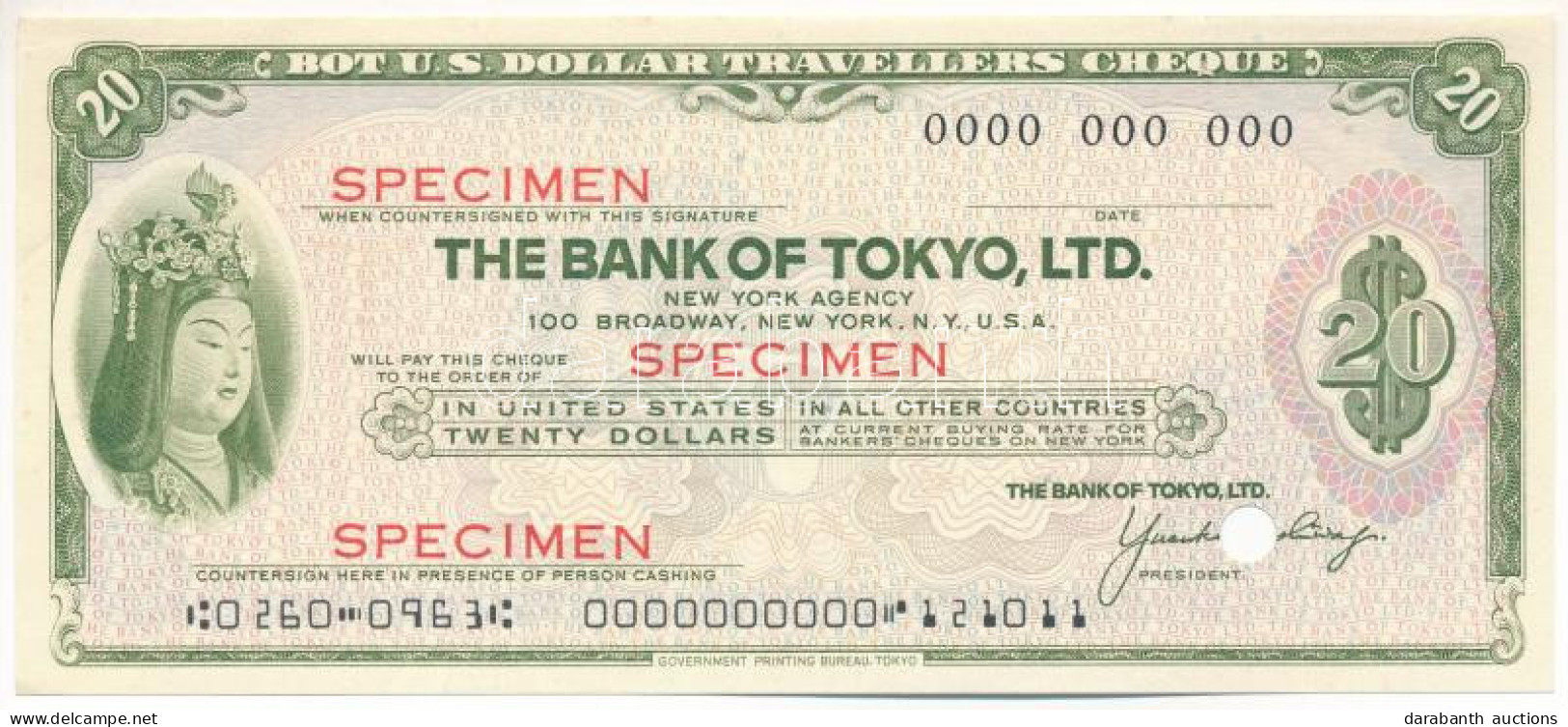 Amerikai Egyesült Államok DN "Tokió Bank" 20$ "SPECIMEN" Utazási Csekk Lyukasztással érvénytelenítve T:AU USA ND "The Ba - Non Classés