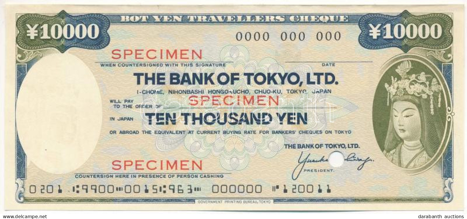 Amerikai Egyesült Államok DN "Tokió Bank" 10.000Y "SPECIMEN" Utazási Csekk Lyukasztással érvénytelenítve T:XF USA ND "Th - Zonder Classificatie