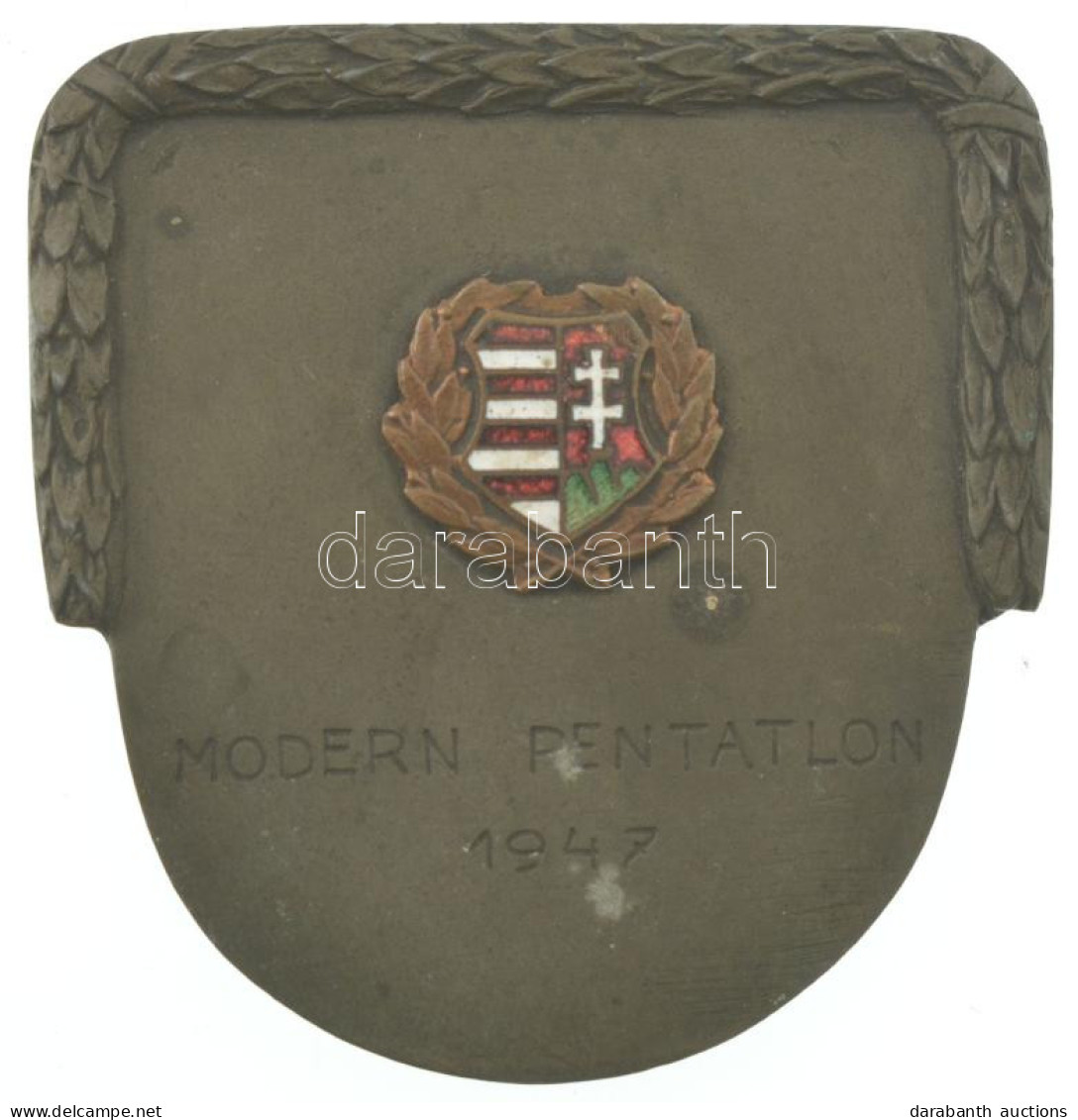 1947. "Modern Pentatlon 1947" Fém Sport Emlékplakett, Zománcozott Kossuth-címeres Rátéttel (53x51mm) T:AU Kis Patina - Unclassified
