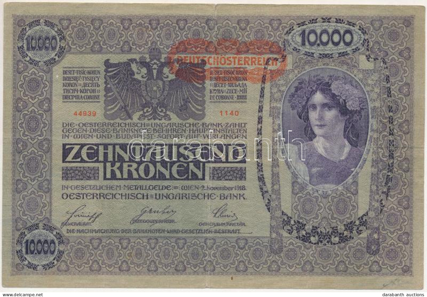 Ausztria 1918. 10.000K Vízszintes "DEUTSCHÖSTERREICH" Felülbélyegzéssel T:F Apró Szakadás Austria 1918. 10.000 Kronen, W - Unclassified
