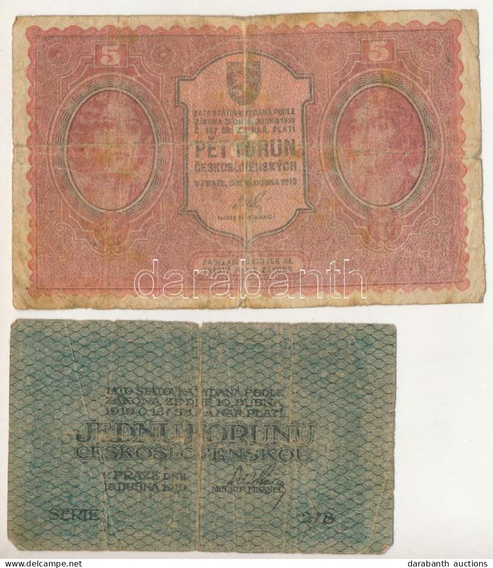 Csehszlovákia 1919. 1K + 5K T:VG Folt, Szakadás Czechoslovakia 1919. 1 Korun + 5 Korun C:VG Spot, Tear - Non Classés