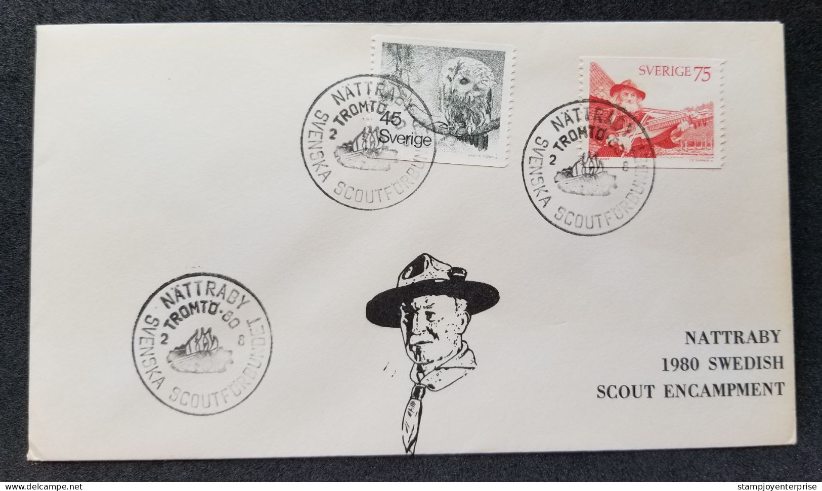 Sweden NATTRABY Swedish Scout Encampment 1980 Scouting Jamboree Baden Powell Scouts Owl (stamp FDC) - Briefe U. Dokumente