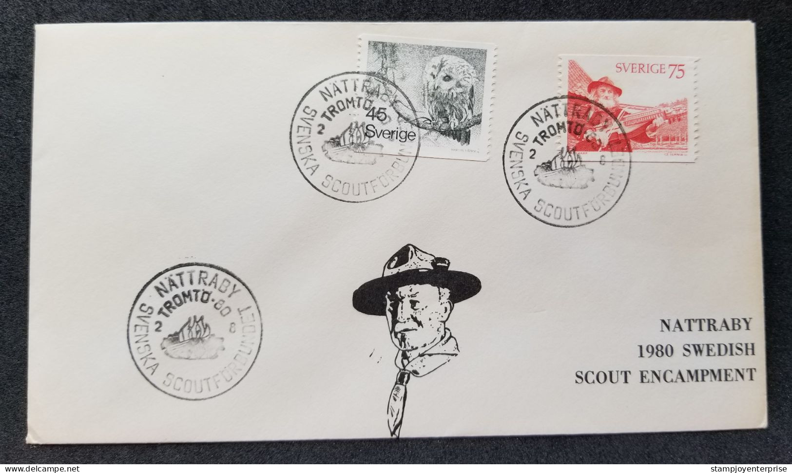 Sweden NATTRABY Swedish Scout Encampment 1980 Scouting Jamboree Baden Powell Scouts Owl (stamp FDC) - Brieven En Documenten