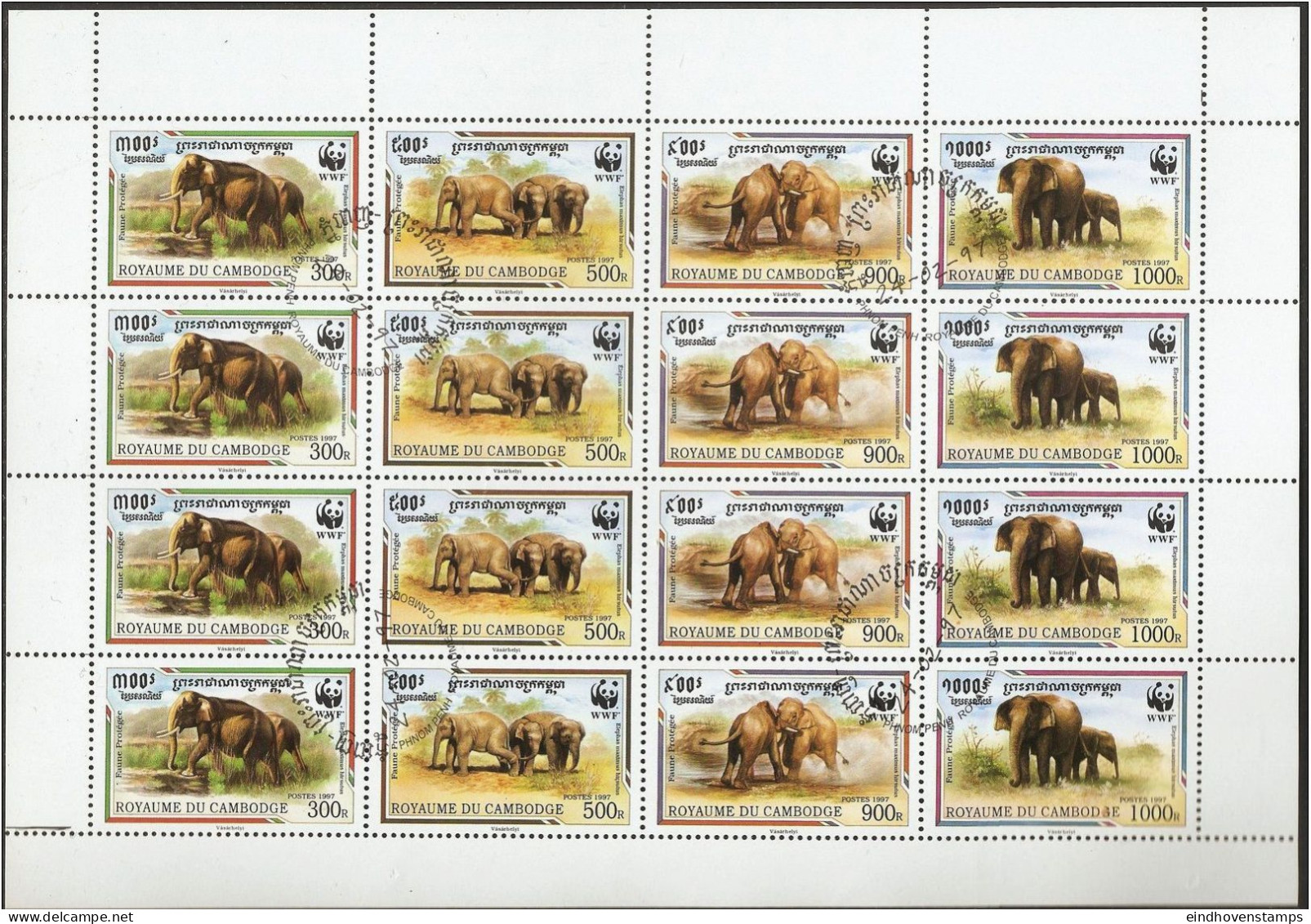 Cambodge 1997 Wild Life Preservation WWF - Elephants - Kambodscha Elefant - Cancelled Sheetlet With 4 Stripos Of 4 - Olifanten