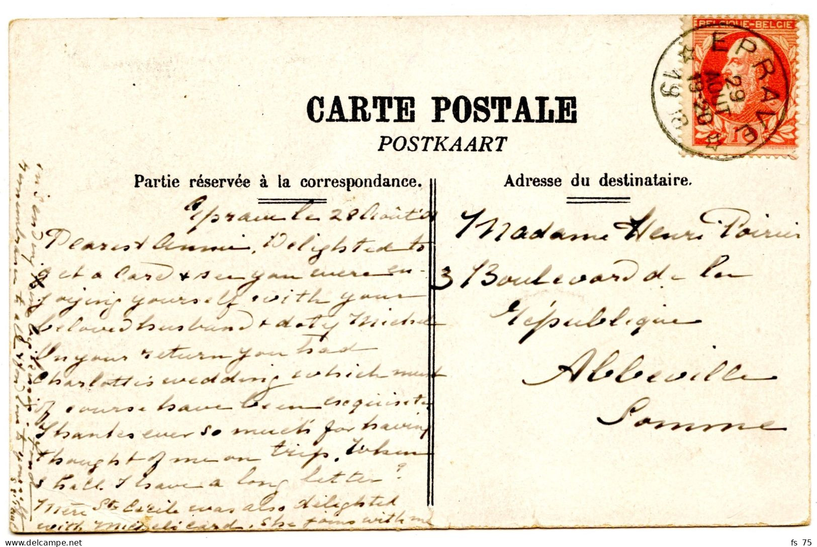 BELGIQUE - COB 74 SIMPLE CERCLE RELAIS A ETOILES EPRAVE SUR CARTE POSTALE, 1910 - Postmarks With Stars