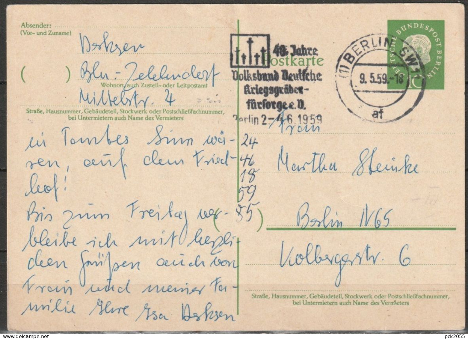 Berlin Ganzsache 1959 Mi.-Nr. P45 Stempel Berlin 9.5.59  ( PK 299 ) - Postcards - Used