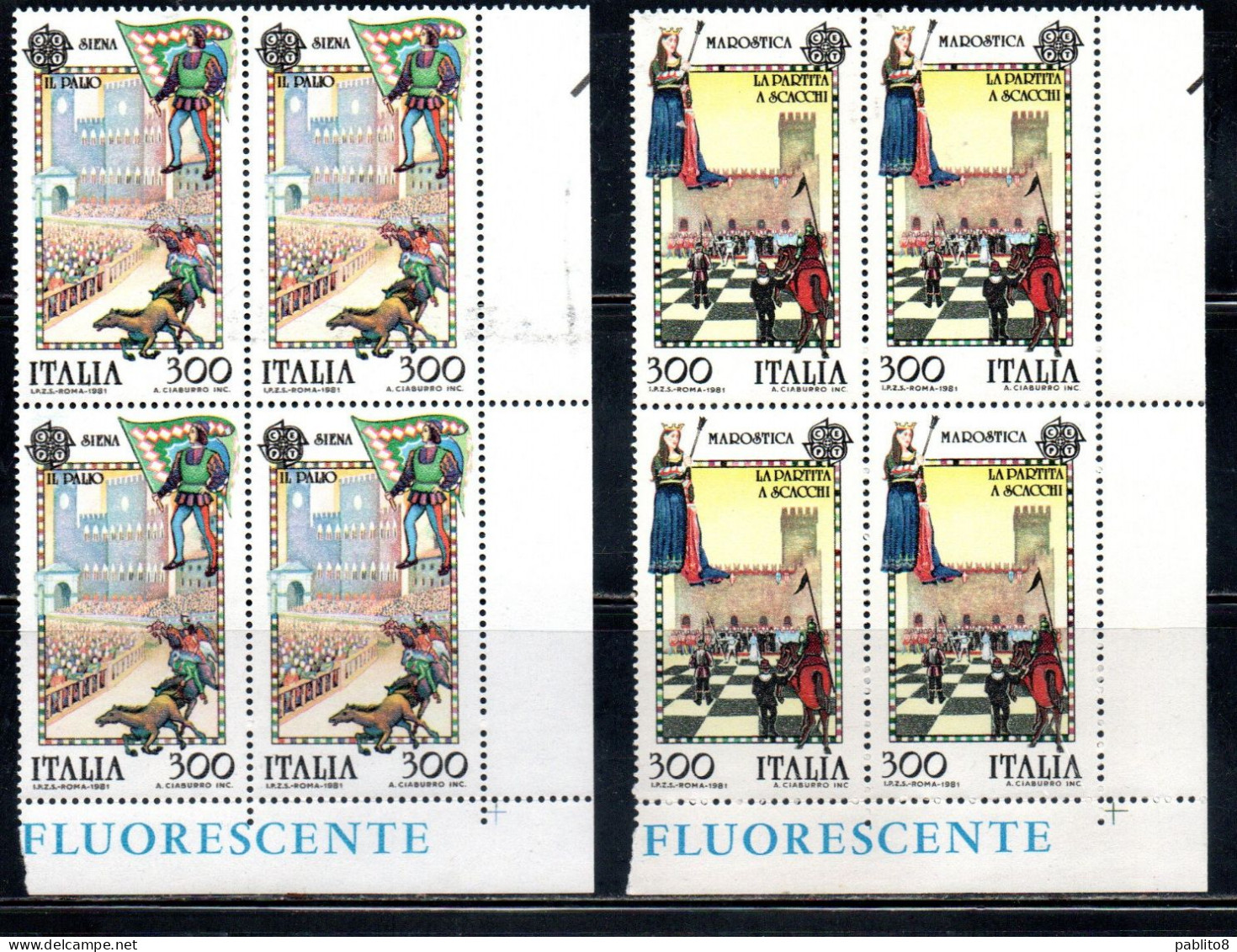 ITALIA REPUBBLICA ITALY 1981 EUROPA UNITA CEPT FOLCLORE SIENA MAROSTICA SERIE QUARTINA ANGOLO DI FOGLIO BLOCK MNH - 1981-90: Neufs