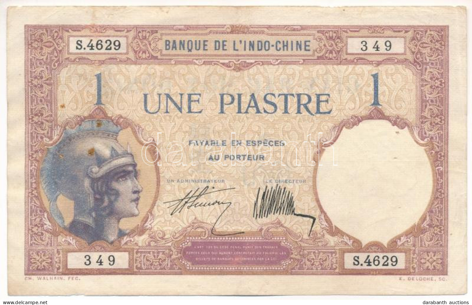 Francia Indokína 1927-1931. 1P T:F Fo.  French Indo-China 1927-1931. 1 Piastre C:F Spots Krause P#48 - Sin Clasificación