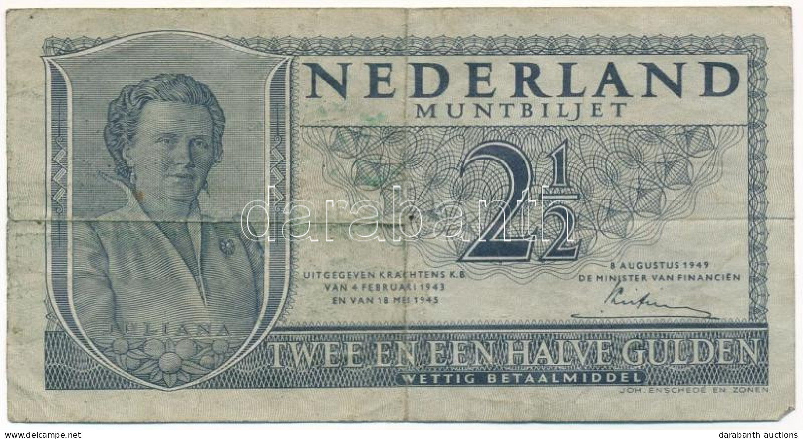 Hollandia 1949. 2 1/2G "5 VK 060994" T:F Netherlands 1949. 2 1/2 Gulden "5 VK 060994" C:F Krause 73. - Ohne Zuordnung