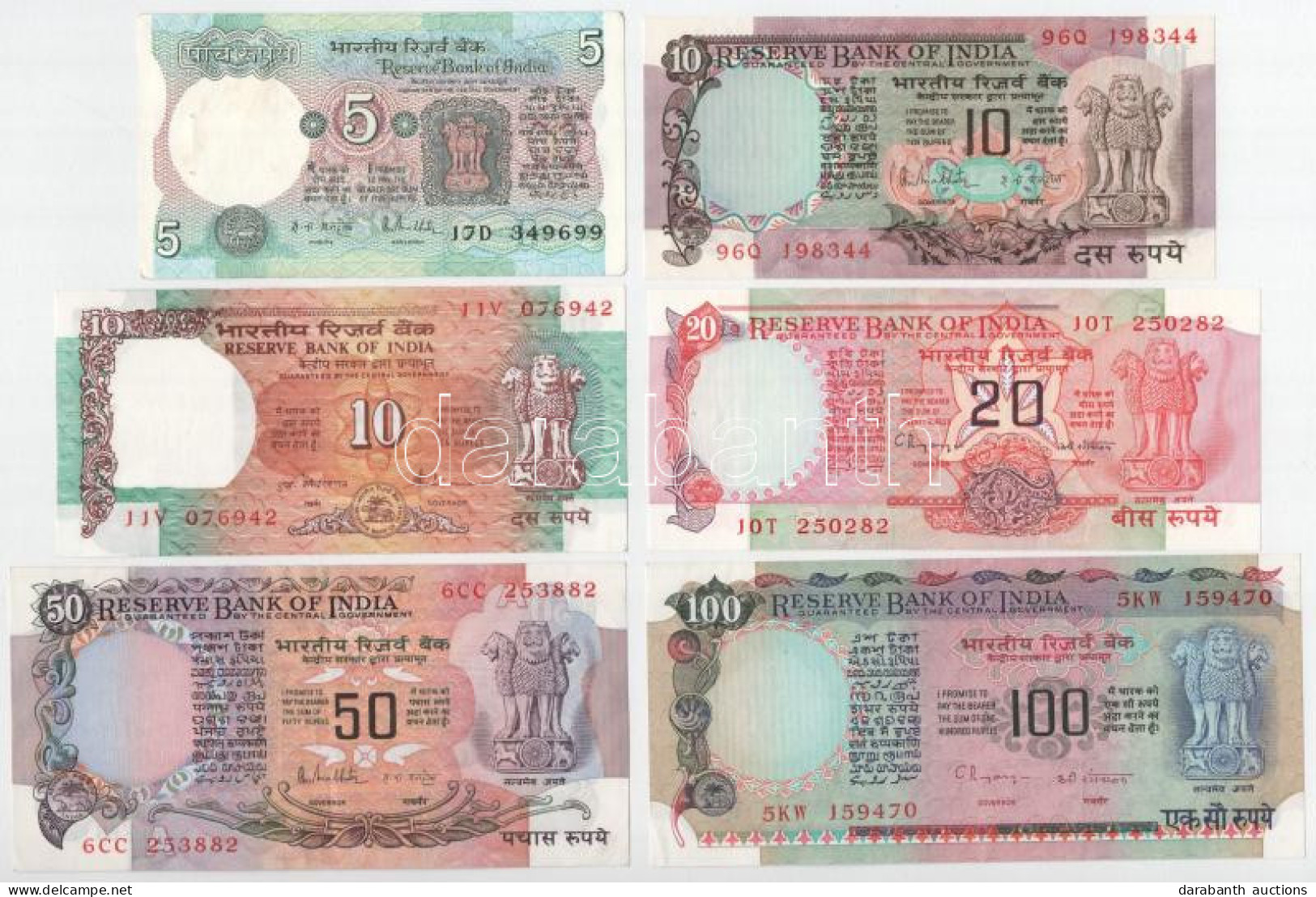 India DN (1970-2003) 5R-100R (6xklf) T:XF-F Szép Papír, Mindegyiken Tűlyukak India ND (1970-2003) 5 Rupees - 100 Rupees  - Ohne Zuordnung