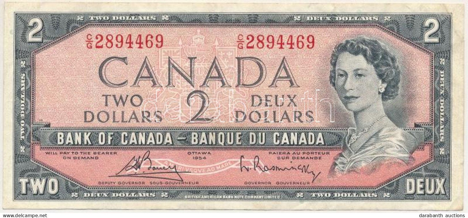 Kanada 1954. 2$ átalakított Haj. Szign: Bouey -Rasminsky T:F Canada 1954. 2 Dollars, Modified Hair Style. Sign: Bouey -R - Non Classés