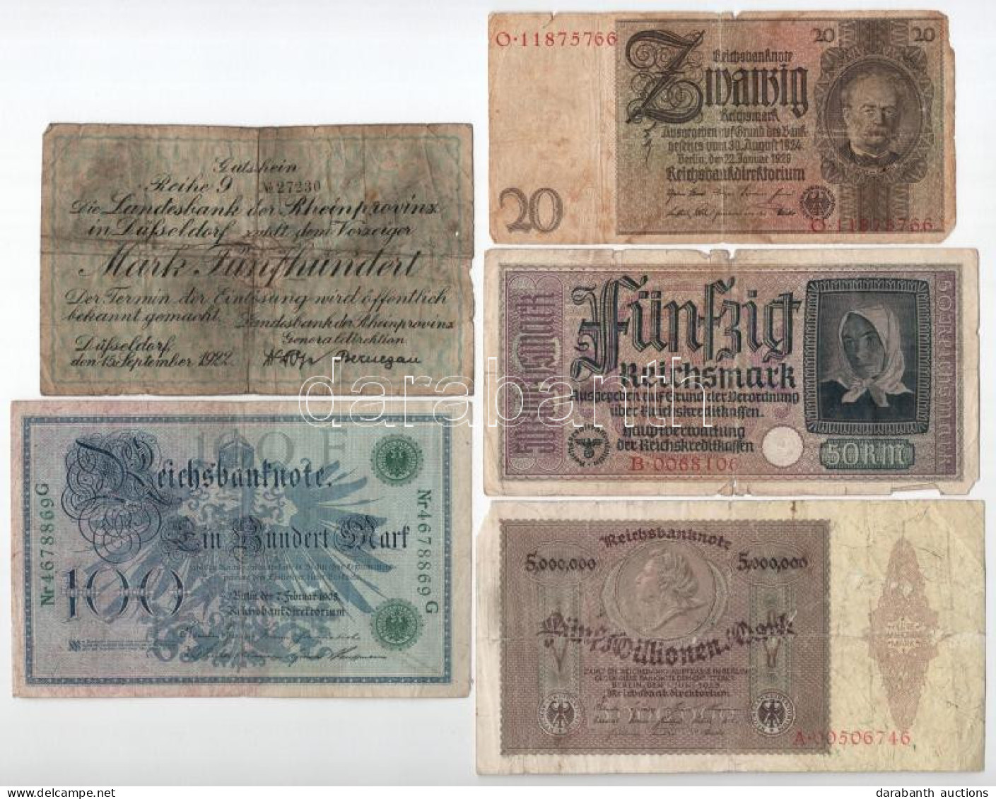 Németország 1908-~1945. 5db-os Bankjegytétel, Közte Weimari Köztársaság 1929. 20M + Harmadik Birodalom DN (1939-1945) 50 - Non Classés