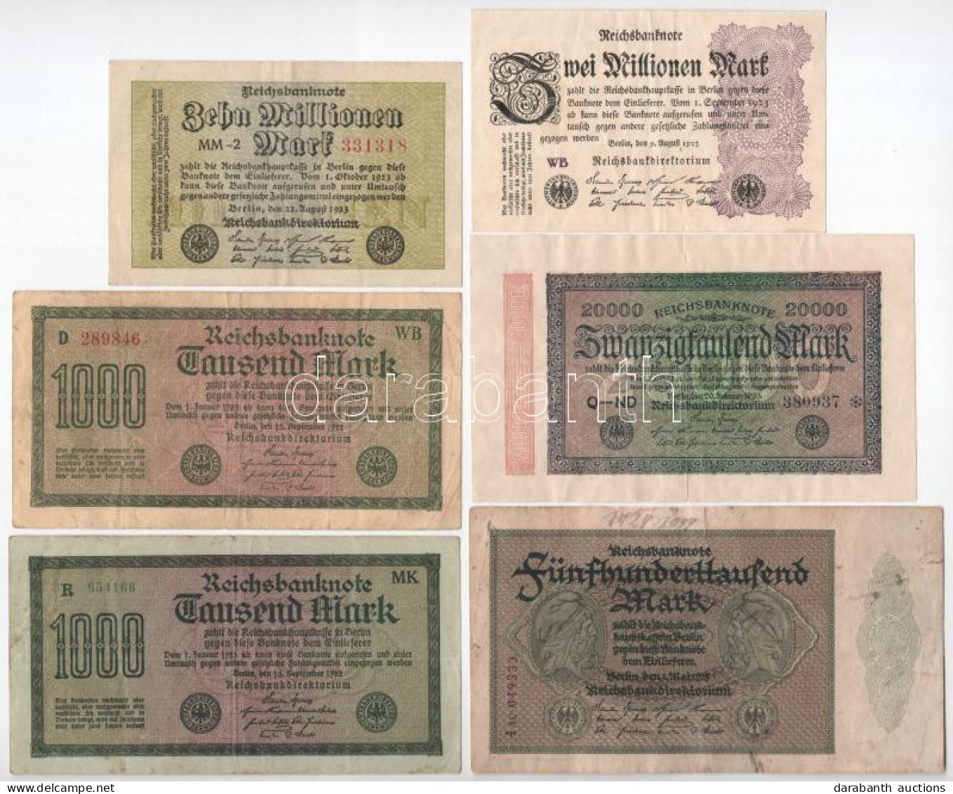 Németország / Weimari Köztársaság 1922-1923. 6db-os Bankjegytétel T:F,VG Közte Erős Papír Germany / Weimar Republic 1922 - Non Classés