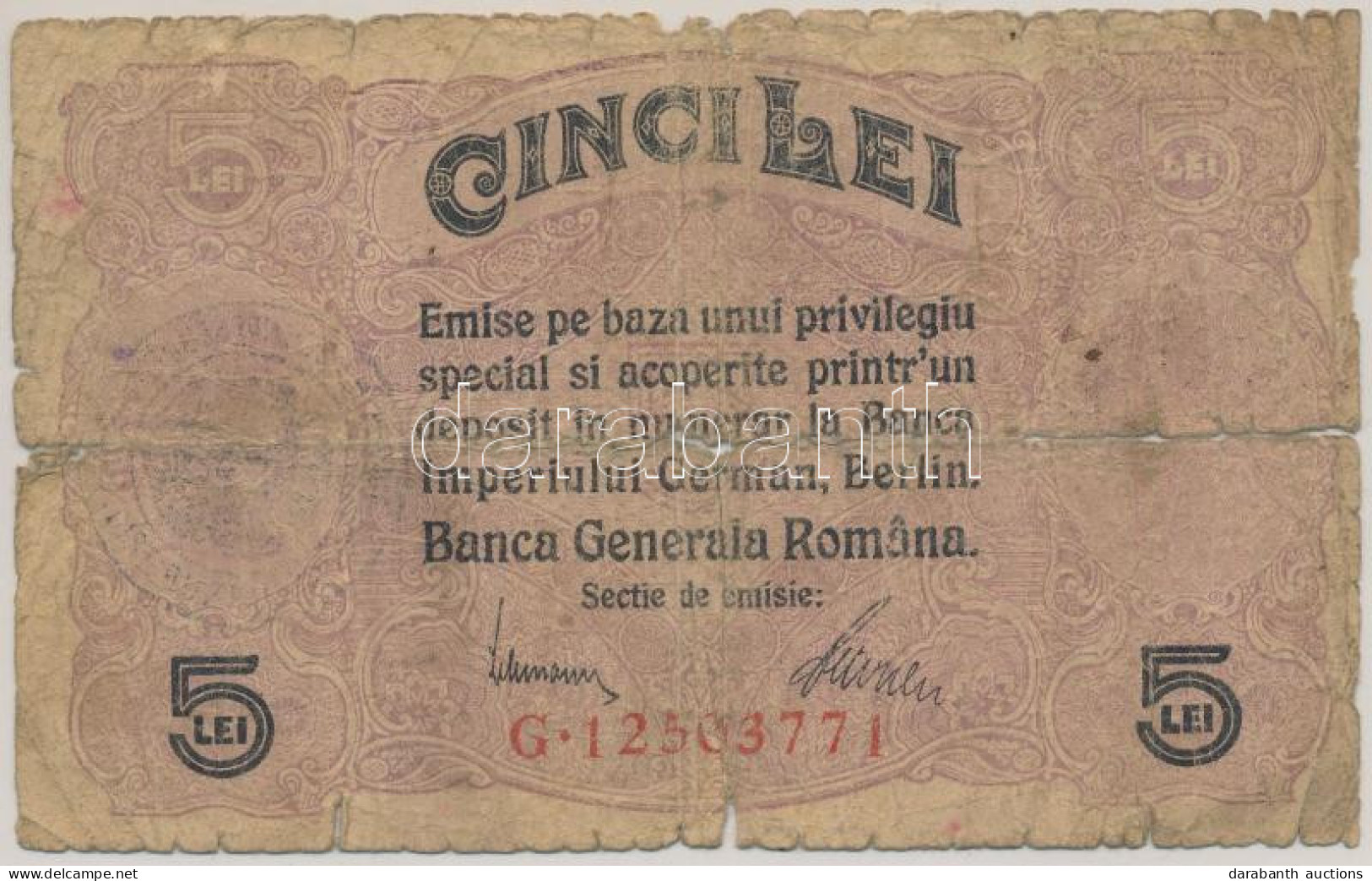 Románia / Német Megszállás 1917. 5L "G 12503771" T:G Szakadás, Anyaghiány Romania / German Occupation 1917. 5 Lei "G 125 - Non Classés